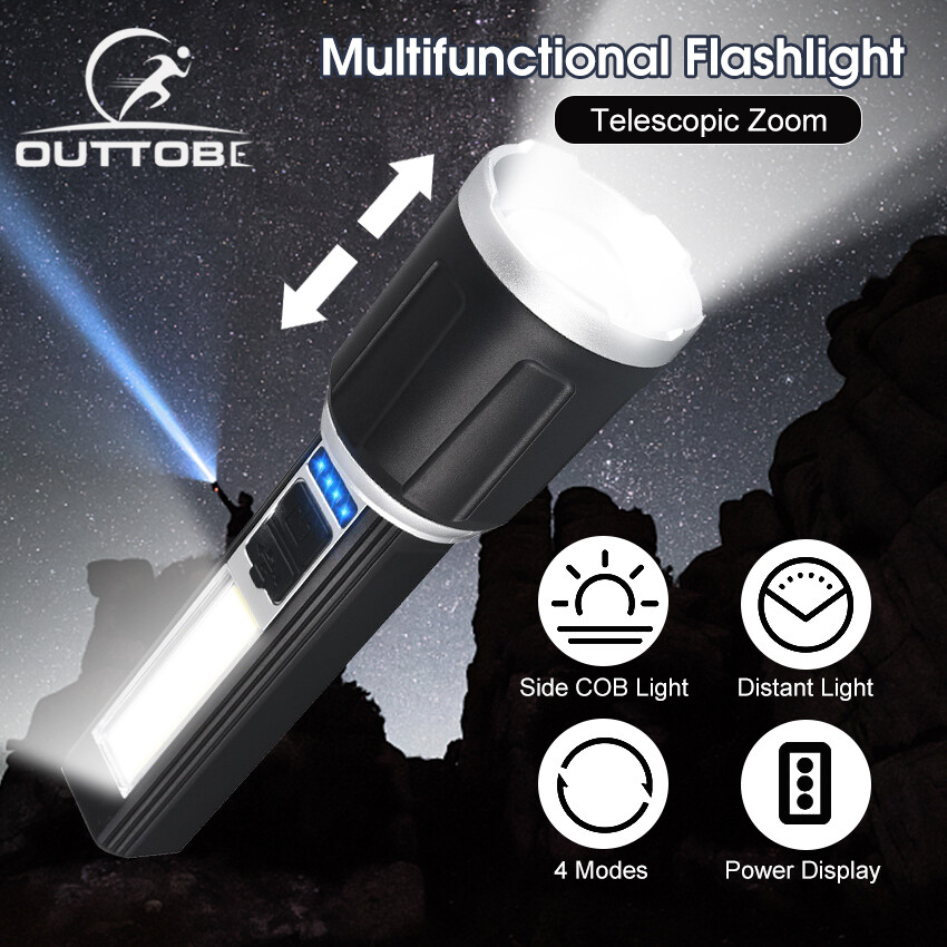 Outtobe Flashlight T6 Multifunctional Flashlight Super Bright LED Mini Portable Zoom Flashlight Strong Light COB Light Waterproof Outdoor Flashlight Four Modes Long Illumination Outdoor Fishing Camping Repairing