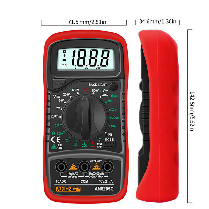 Ampe Kế AC/DC Đồng Hồ Đo Điện Áp Ohm Multimetro Có Cặp Nhiệt Điện, Đèn Nền LCD AN8205C-INTL