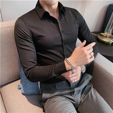 Autumn Ice Silk Casual Shirt Non-iron Long-sleeved Shirt Men's Slim Thin Business Formal Shirt Solid Color Tops