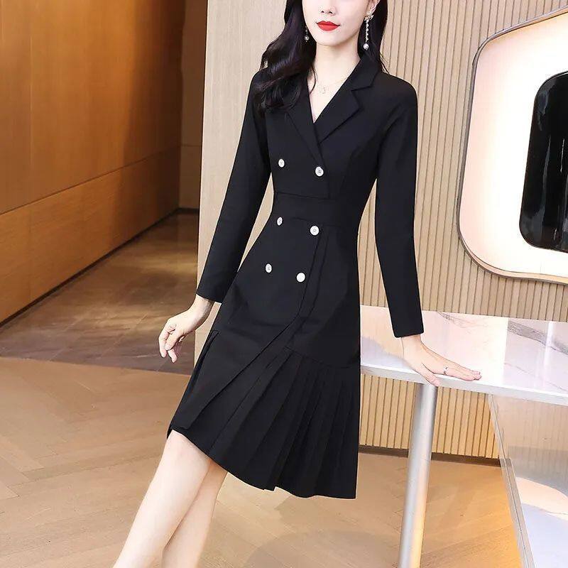 Black foreign skirt girl spring 2023 new long -sleeved suit high -end temperament dress pleated skirt