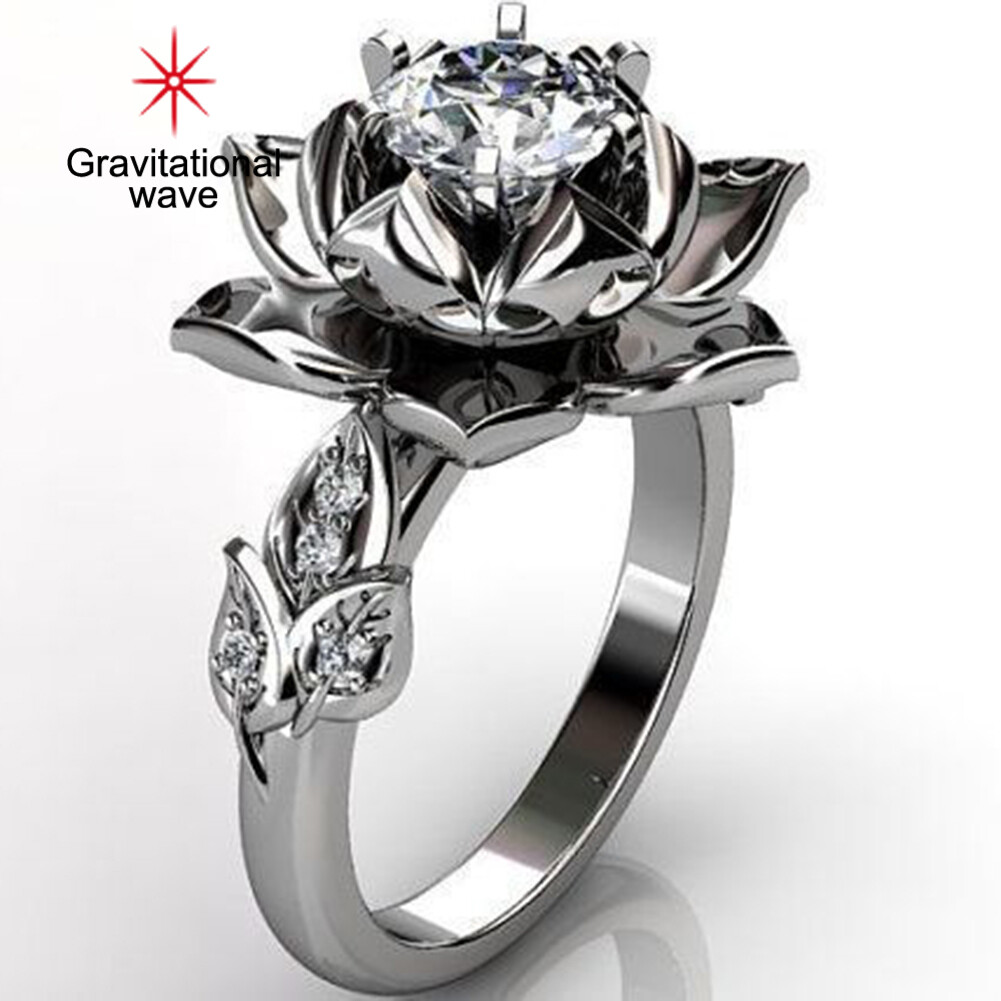 Gravitational wave Vintage Women Rhinestone Inlaid Water Lily Flower Finger Ring Party Jewelry Gift