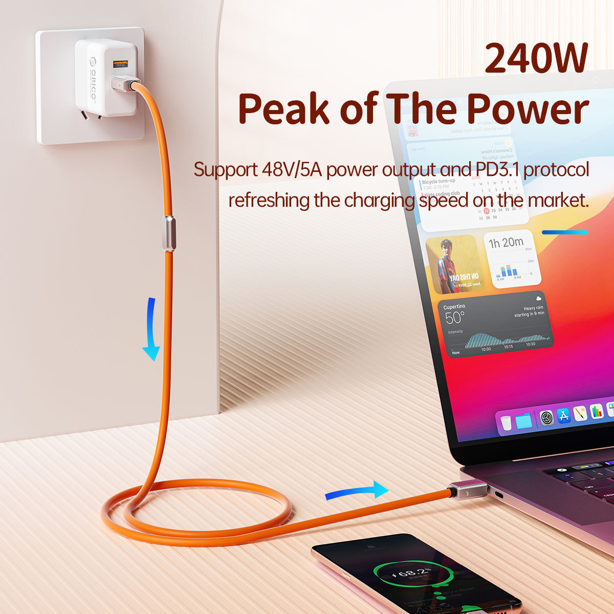ORICO 40Gbps Cáp 2M, Hỗ Trợ 8K Hiển Thị/20Gbps Truyền Dữ Liệu/240W Sạc USB C Đến USB C Cáp, Cho Type-C MacBook, iPad Pro, Hub, Docking Station, và Nhiều Hơn Nữa-Đỏ/Xanh Dương/Xanh Lá Cây/Xanh Dương