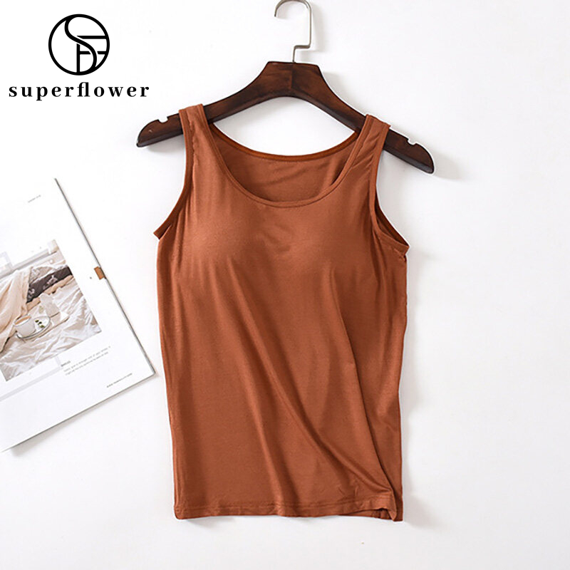 SUPERFLOWER Women's Tank-Top Modal Material Built-in Bra Padded Stretchable Breathable Fitness Camisole Tops Solid Push Up Bra Vest