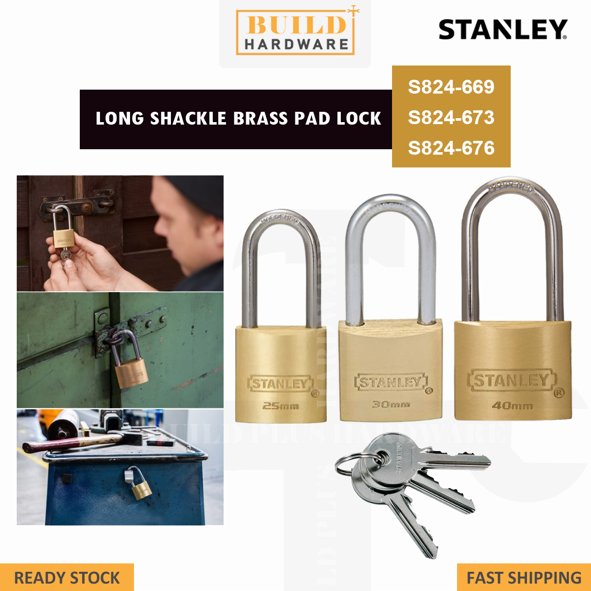 Stanley 40mm Chrome Padlock With Long Shackle - 3 Keys, Solid Brass, Heavy Duty (4 Pack)