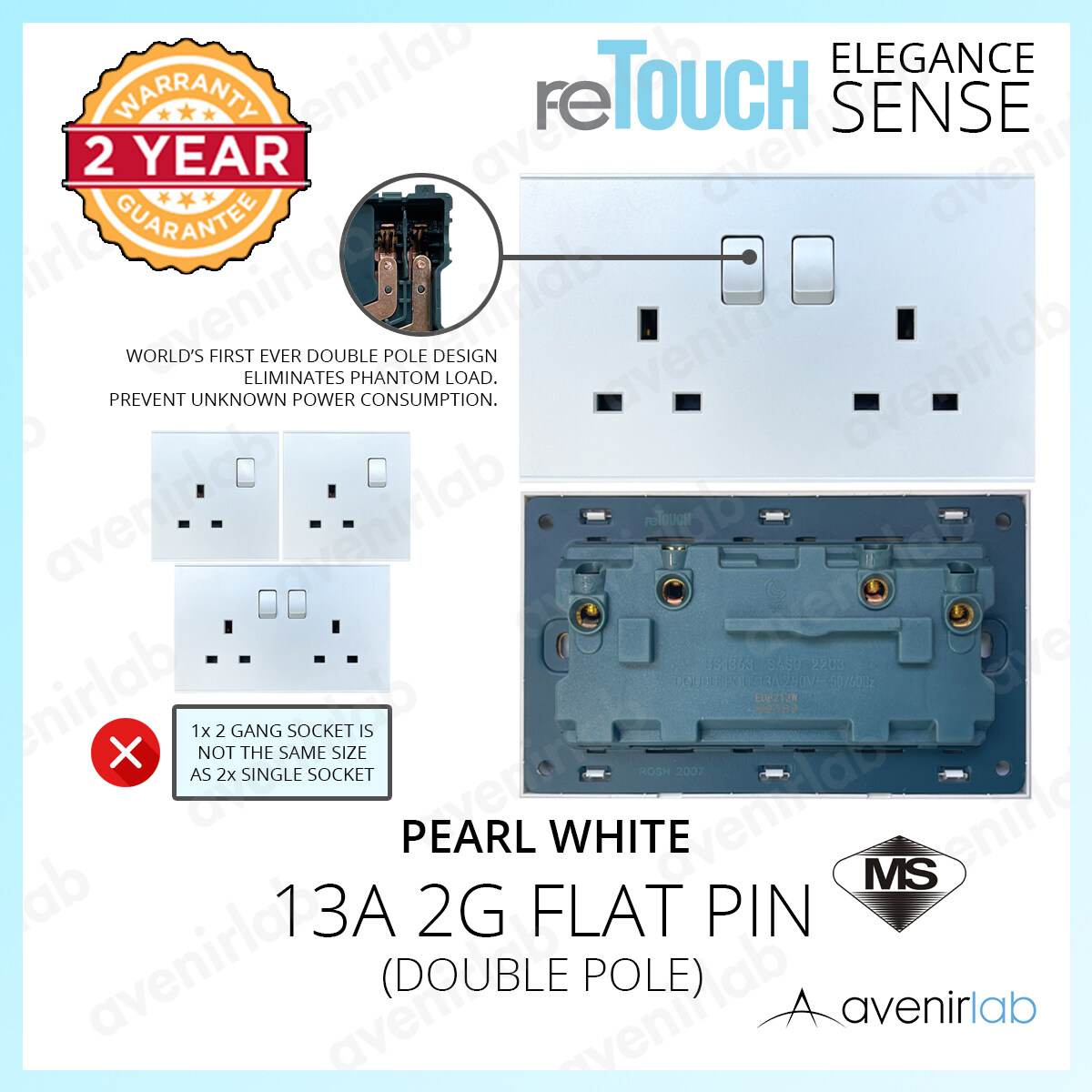 [PEARL WHITE] reTouch Switch Elegance Sense 13A 15A Double 2 Gang Switch Socket Plug 20A 45A