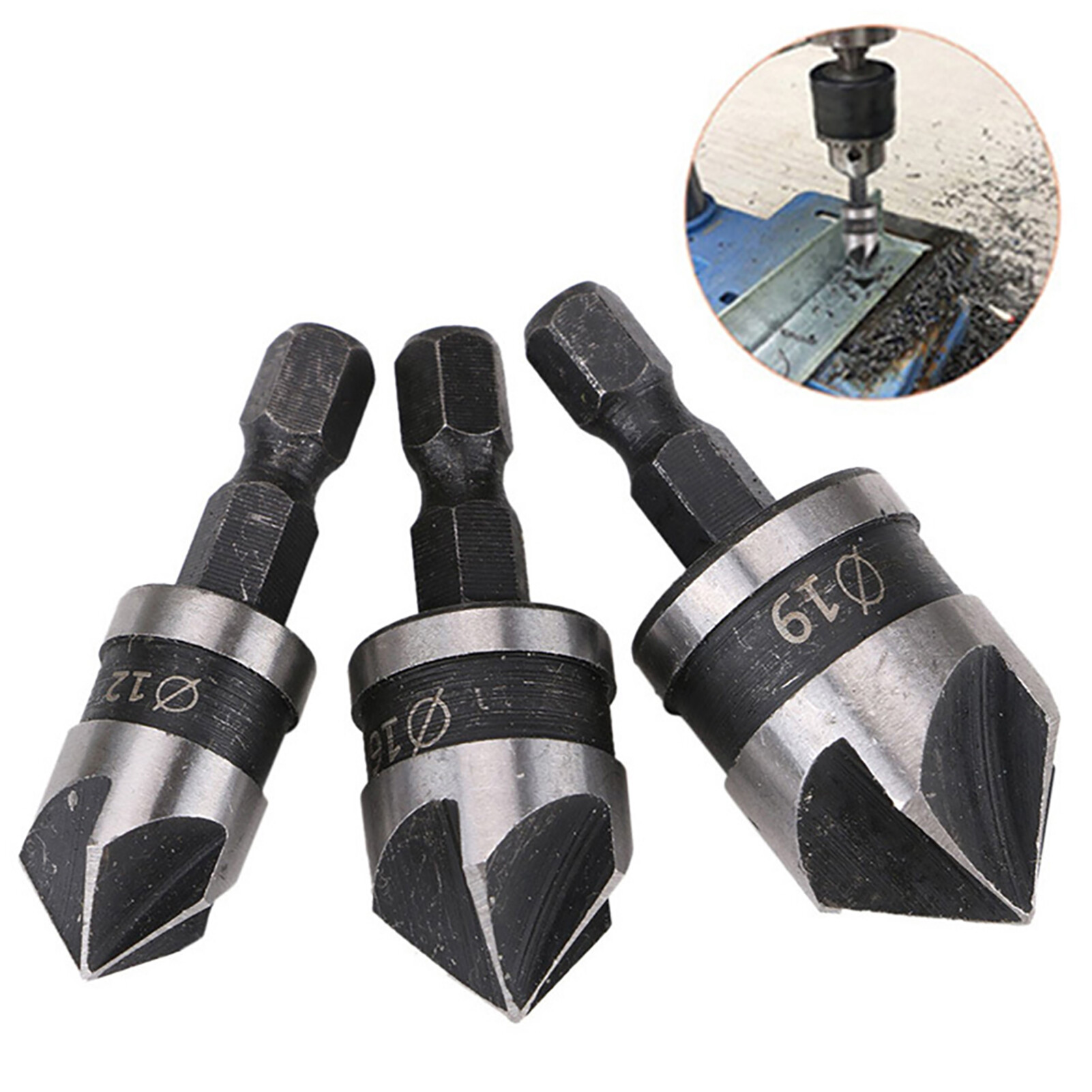 Farfi 3Pcs Drill Bits 90 Degree 1/4 Hexagonal Handle Carbon Steel Chamfer Wood Work Hole Drill Bit for Board Chamfer Drill Bit