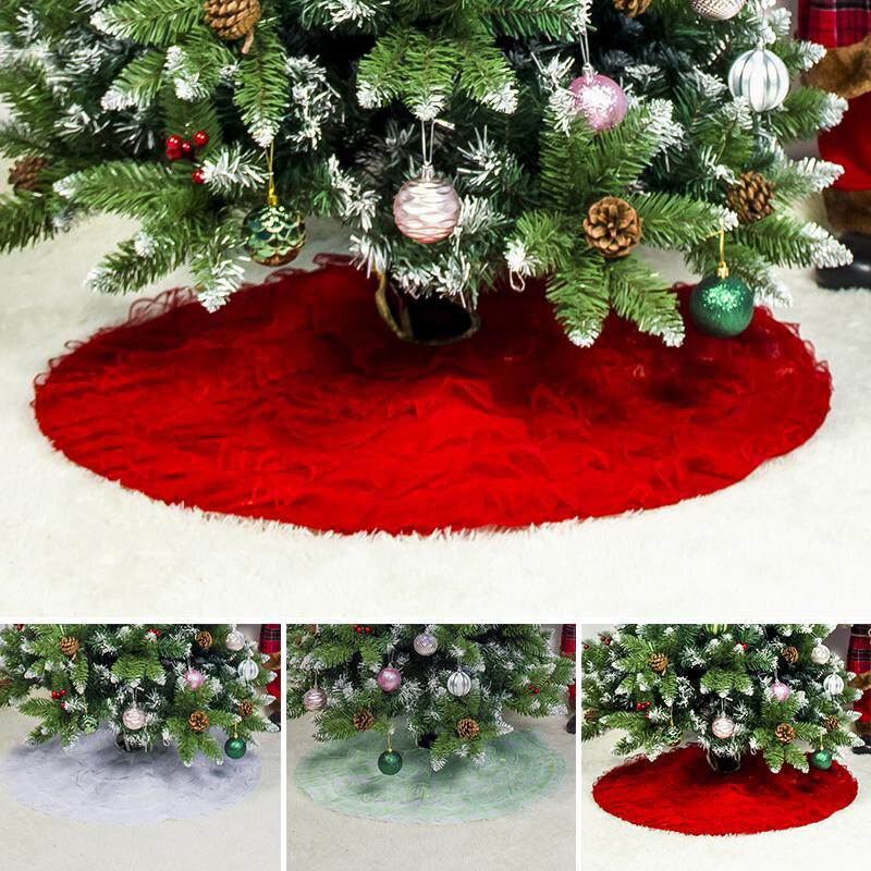 ต้นคริสต์มาสสีแดงกระโปรงตกแต่งต้นไม้ผ้ากันเปื้อนลูกไม้ Hem กระโปรงต้นไม้ตกแต่งบ้านและร้านอาหาร