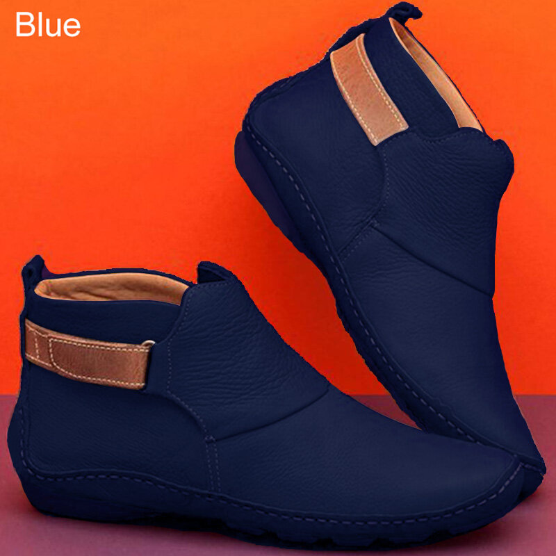 chunrun Women's Short Boots Autumn and Winter PU Leather Flat Boots Warm Casual Shoes New Retro Solid Color