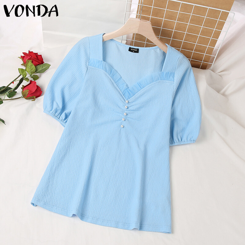 Vonda Women S Casual Beading Pearl Panel Solid V Neck Puff Sleeves