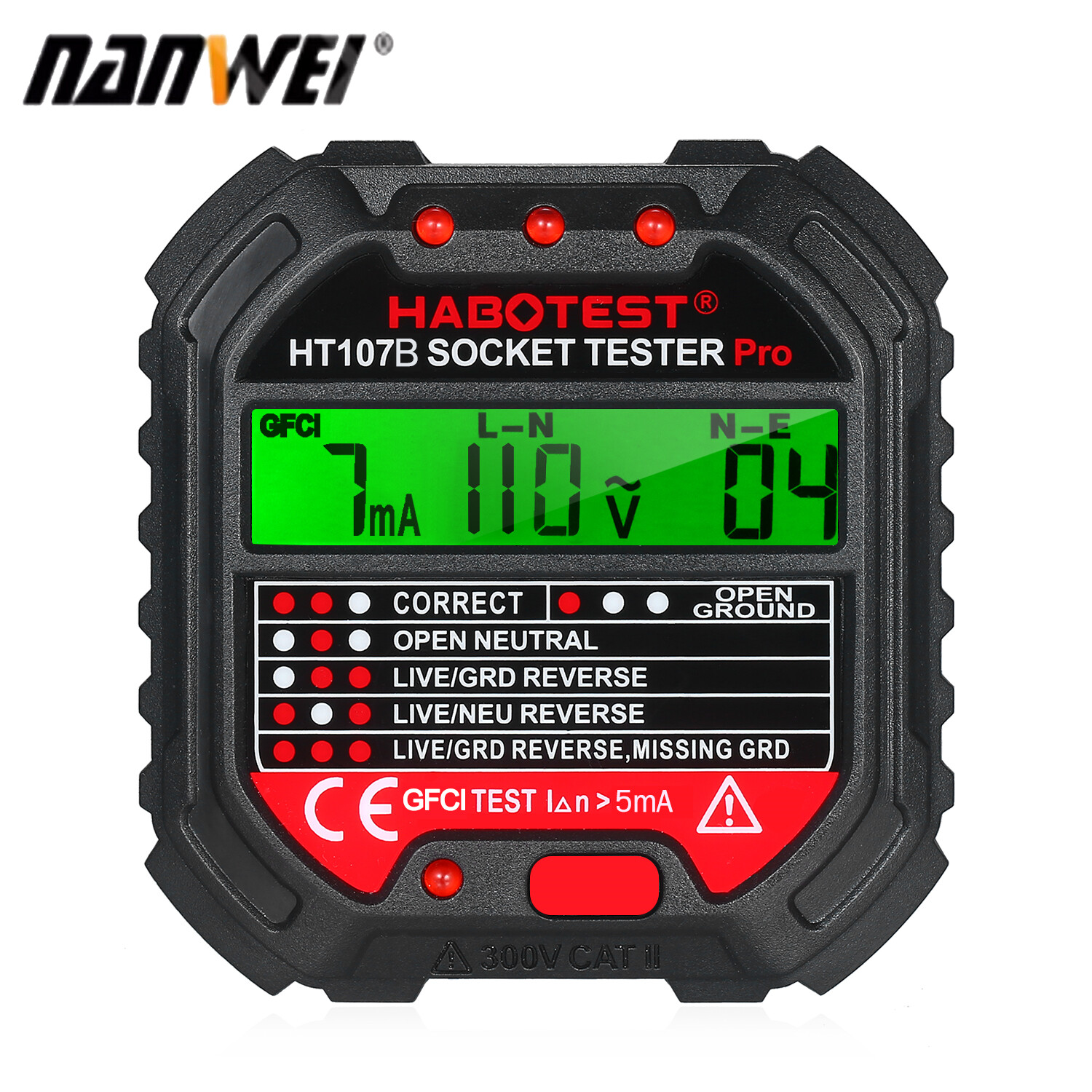 Nanwei habotest gfci outlet tester with voltage display 90-250v socket tester automatic electric circuit polarity voltage detector breaker finder ht107e