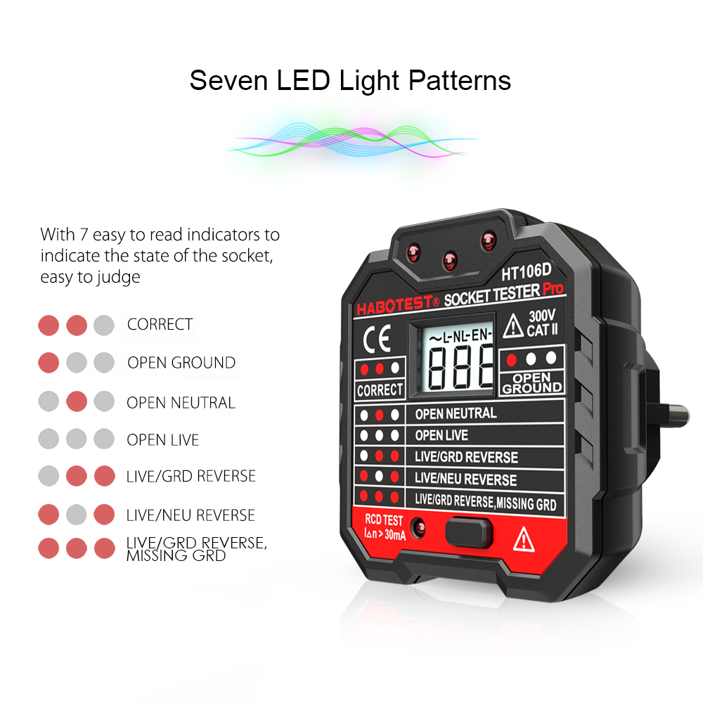 KKmoon HABOTEST Advanced RCD Electric Socket Tester Automatic Neutral Live Earth Wire Testing Circuit Polarity Detector Wall Plug Breaker Finder Electric Leakage Test with Voltage Backlight LCD Display