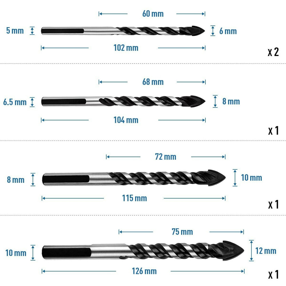 5Pcs/Set Durable Drill Bit Set for Glass Wood Tile Concrete Plastic Brick Wall