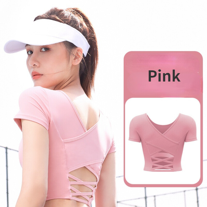 SUPERFLOWER Smukke Back Cross Yoga Slim Sports Overdele med BH-puder Elastisk Hurtigtørrende Fiess Kortærmede T-shirt_voghion.com