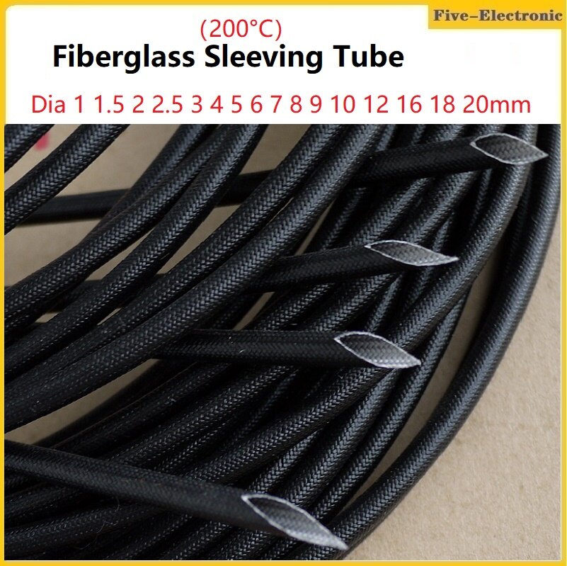 5/20Meter 200 Deg.C Fiberglass Sleeving Tube 1mm/2mm/3mm/4mm/5mm/6mm/7mm/8mm/9mm/10mm~20mm Silicone Resin Braided Wire Sleeve Flame Resistant Fiber Glass Insulate Cable Protect Pipe (Black)