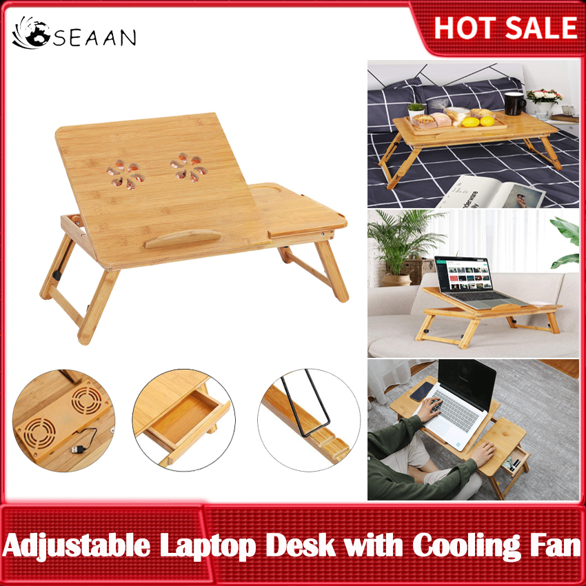 Laptop Desk Comkes Adjustable Laptop Desk Table 100% Bamboo With USB Cooling Fan Foldable Breakfast Serving Bed Tray W' Tilting Top Drawer