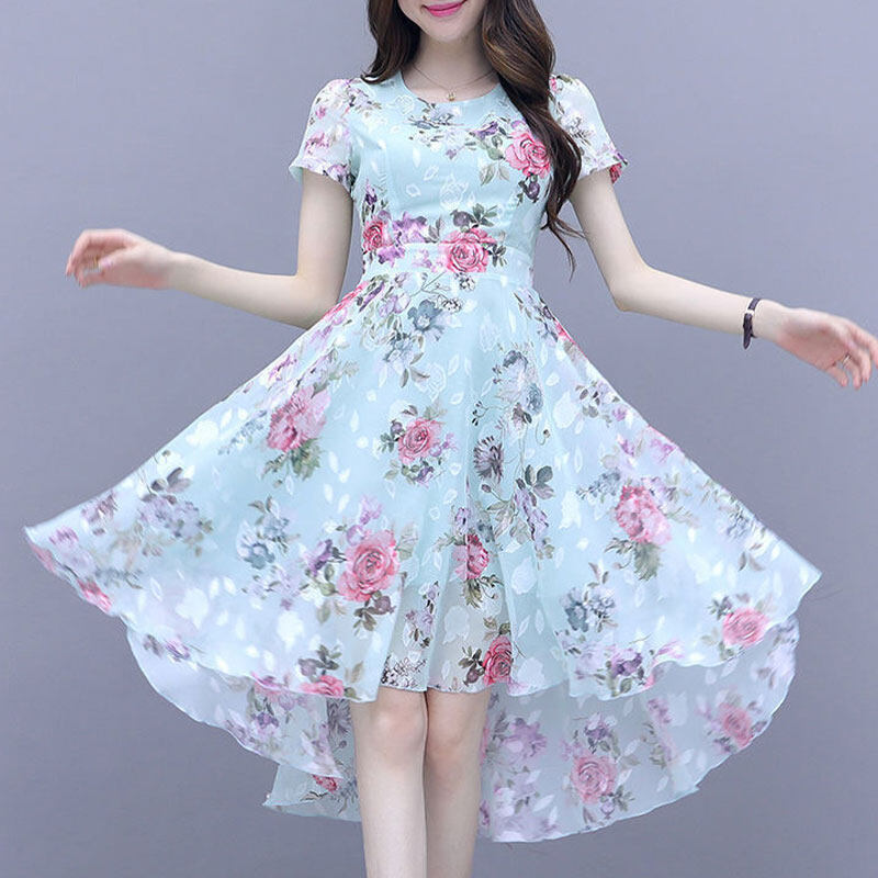 XIYUYI ĐẦM Cho Nữ, Mori Đầm Tay Ngắn Lụa Băng Mỏng In Họa Tiết Bất Đối Xứng