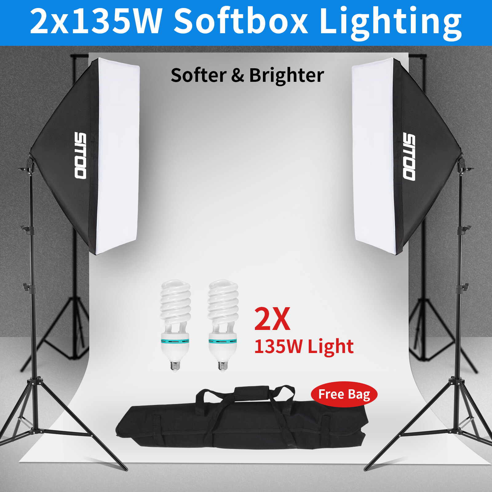 Selens 2X 135W LED Soft Box Photography Softbox Continuous Lighting Kit Stand Studio