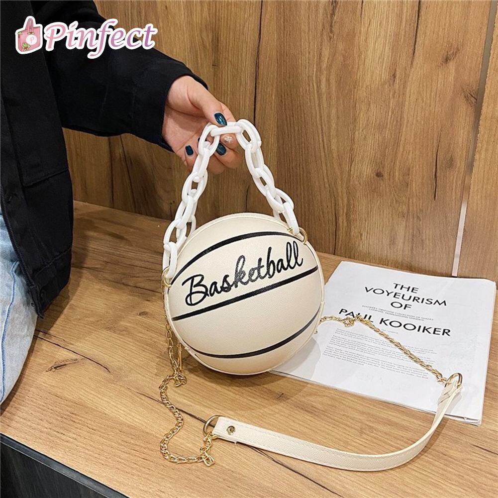[Pinfect] Fashion Basketball Round Shaped Shoulder Bags Women Acrylic Chain Casual Small Totes Purse PU Leather Messenger Crossbody Handbags