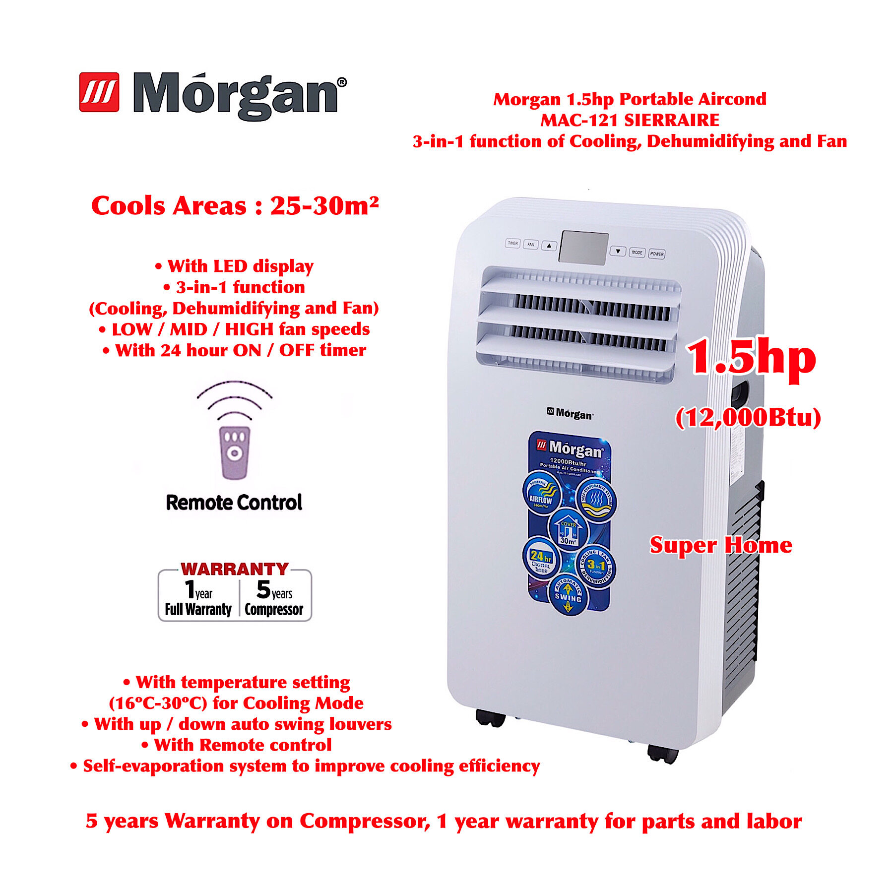 1.5hp Portable Aircond MAC121 SIERRAIRE 1.5hp Portable Air