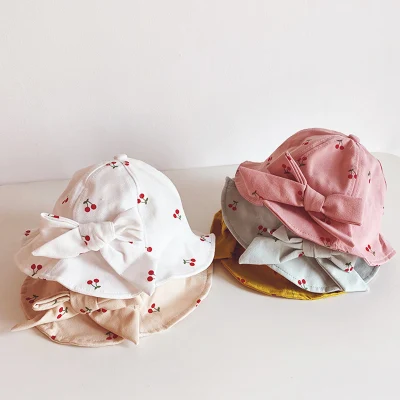 Cute Baby Hat Bowknot Fruit Print Girls Cotton Bucket Hat Kids Summer Outdoor Wide Brim Panama Sun Cap