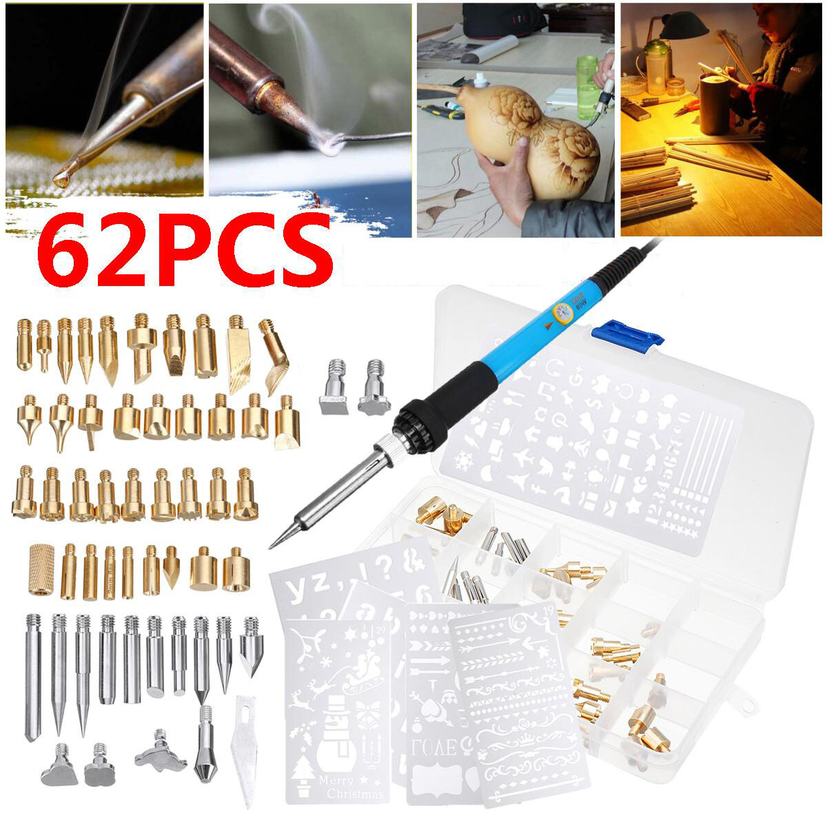 62Pcs 60W Electric Soldering Iron Wood Burning Pen Tip Kit Pyrography Craft Tool for Woodworking Soldering Metal Work Craft