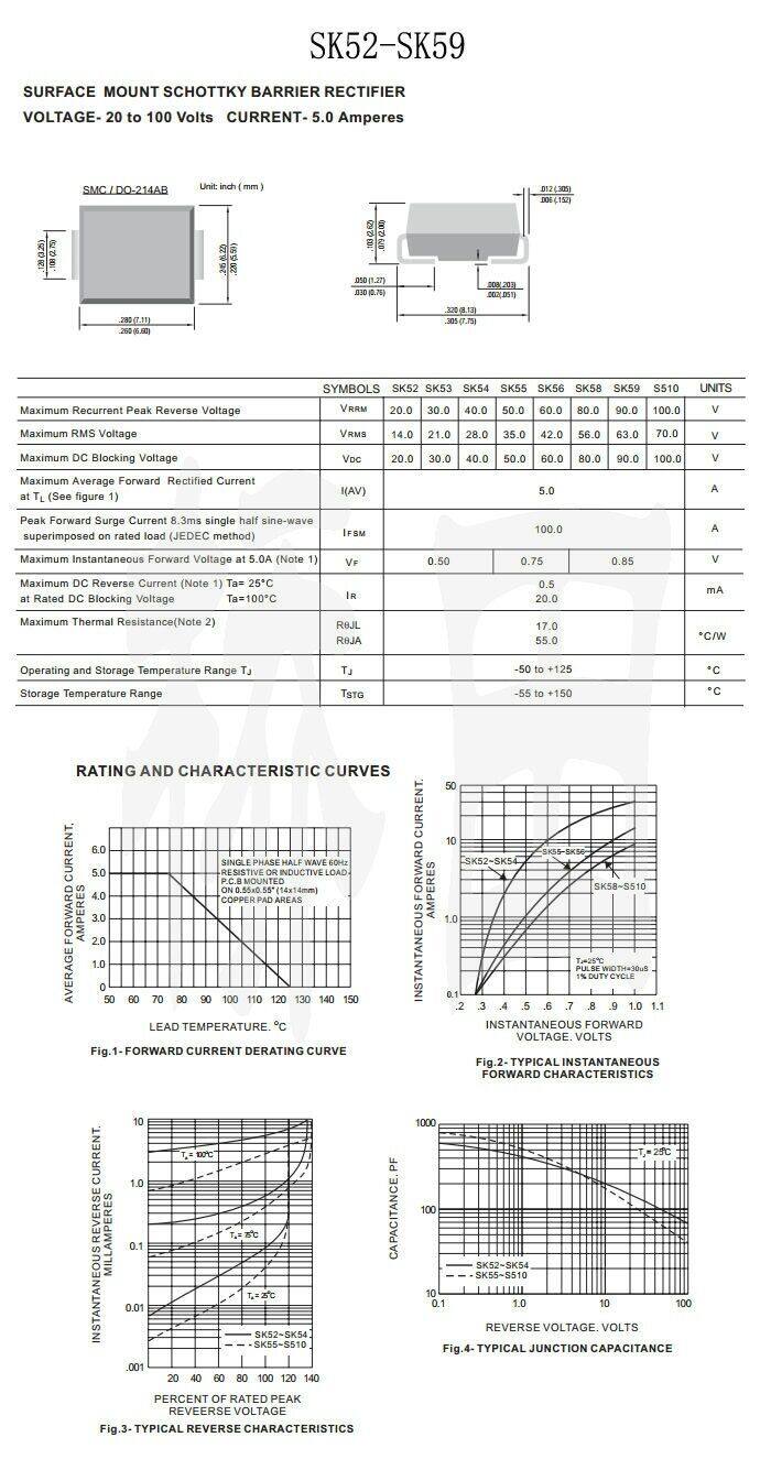 SS54 SK54 5A/40V SMC DO-214AB Schottky Diodes