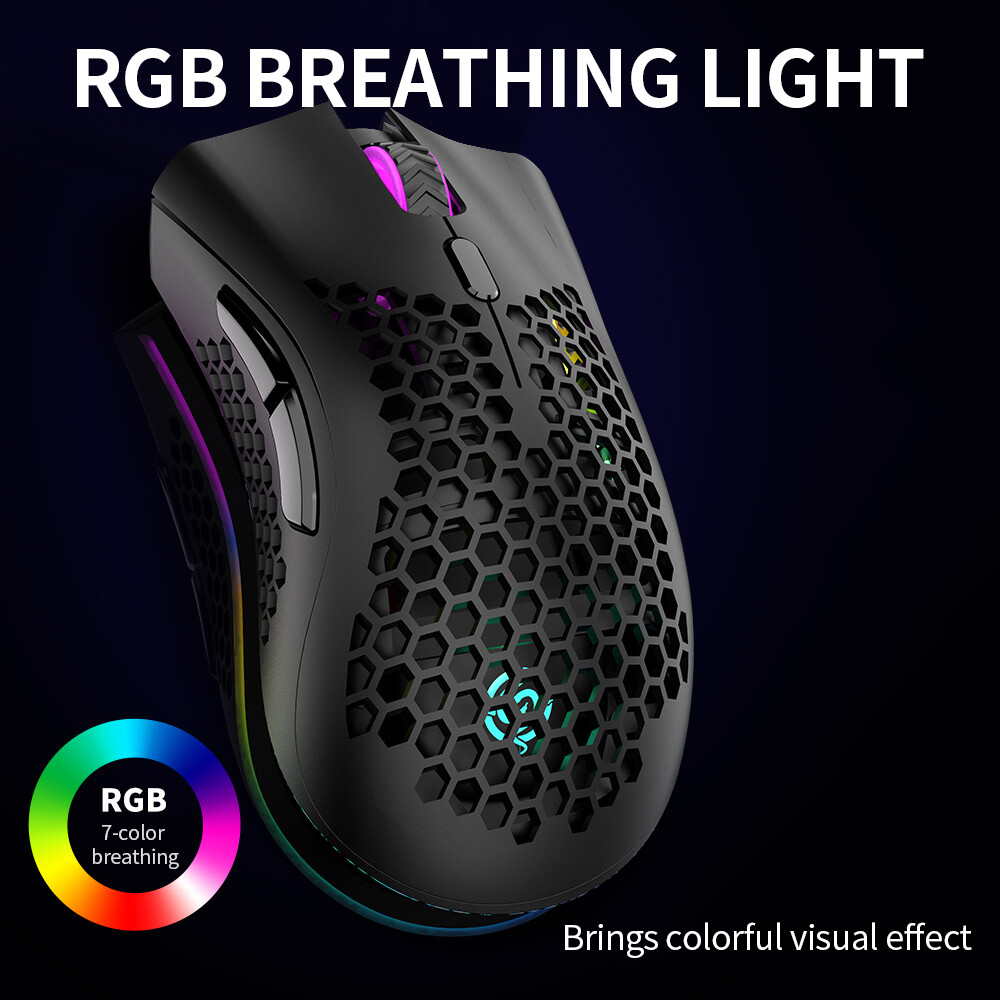 Chuột Chơi Game Không Dây 2.4G, Chuột Có Thể Sạc Lại Với Hiệu Ứng Ánh Sáng RGB 3 DPI Có Thể Điều Chỉnh Khoét Lỗ, Thiết Kế Tổ Ong Màu Đen