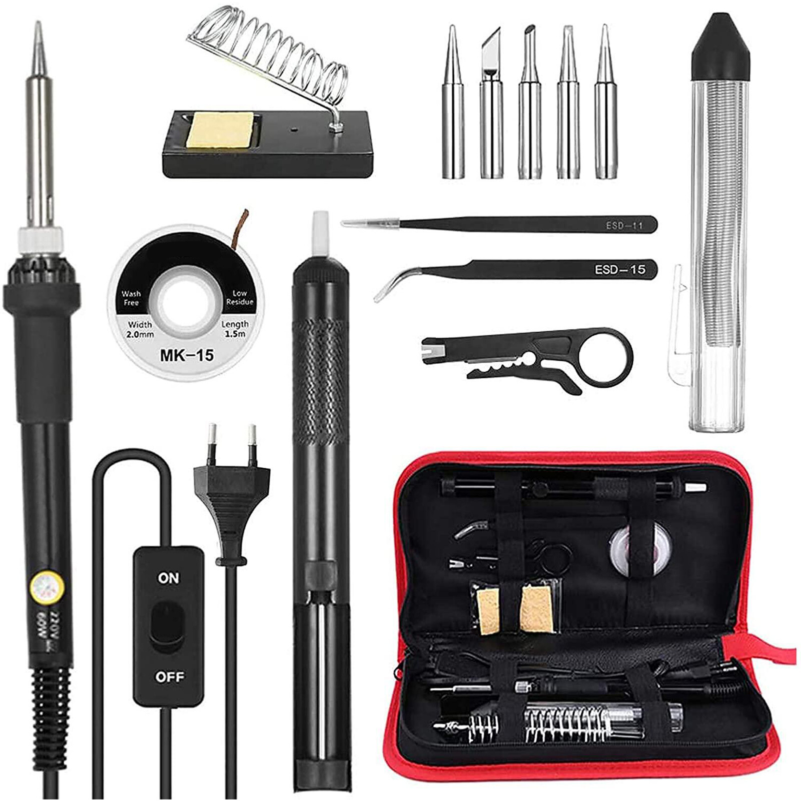 Meterk 14 in 1 Soldering Iron Kit 60W Adjustable Temperature Welding Soldering Iron with ON/OFF Switch 5pcs Soldering Tips Sucker Desoldering Wick Solder Wire Anti-static Tweezers Iron Stand with Cleaning Sponge Tool Box