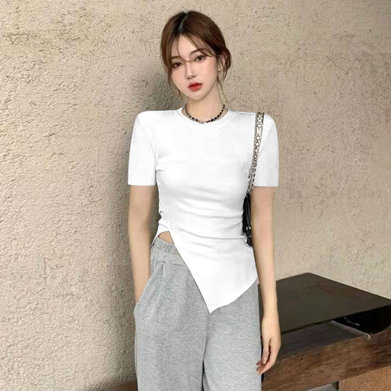 CHICCHIC Áo Thun Ren Nữ Áo thun xẻ tà