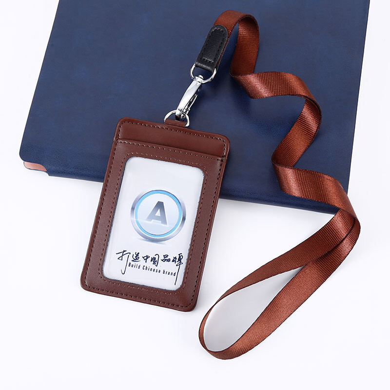 NEW Fashion Business Staff Job Number Card Badge Holder with Lanyard Genuine Leather Bus Card Cover Student Office Worker Employee ID Card Case