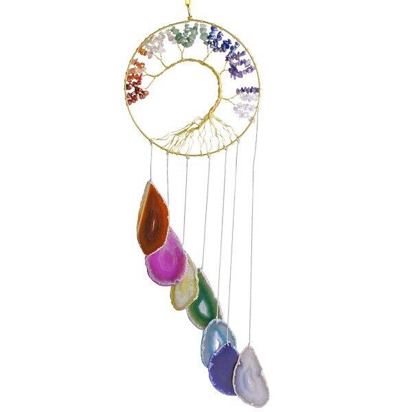Tree of Life Agate Slice Wind Chime Handmade 7 Chakra Stone Healing Crystal Wind Chime for Home Decoration Ornament