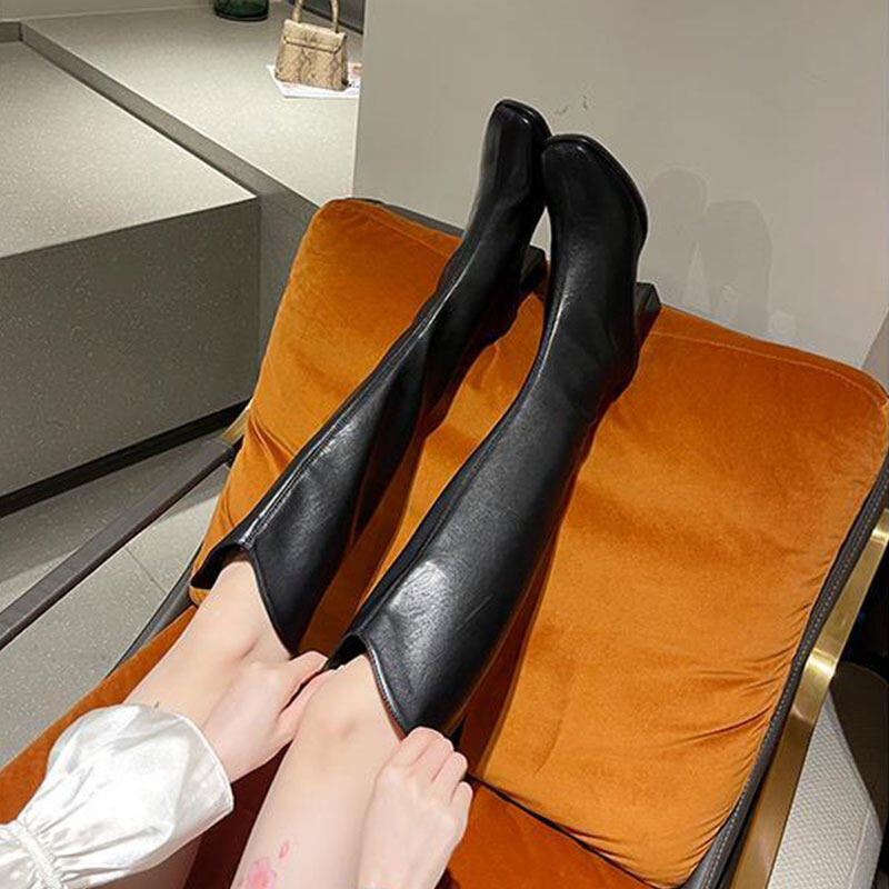 RENBEN Women's thick heels square toe knee-length boots fleece high-heeled knight boots thin high-heeled boots