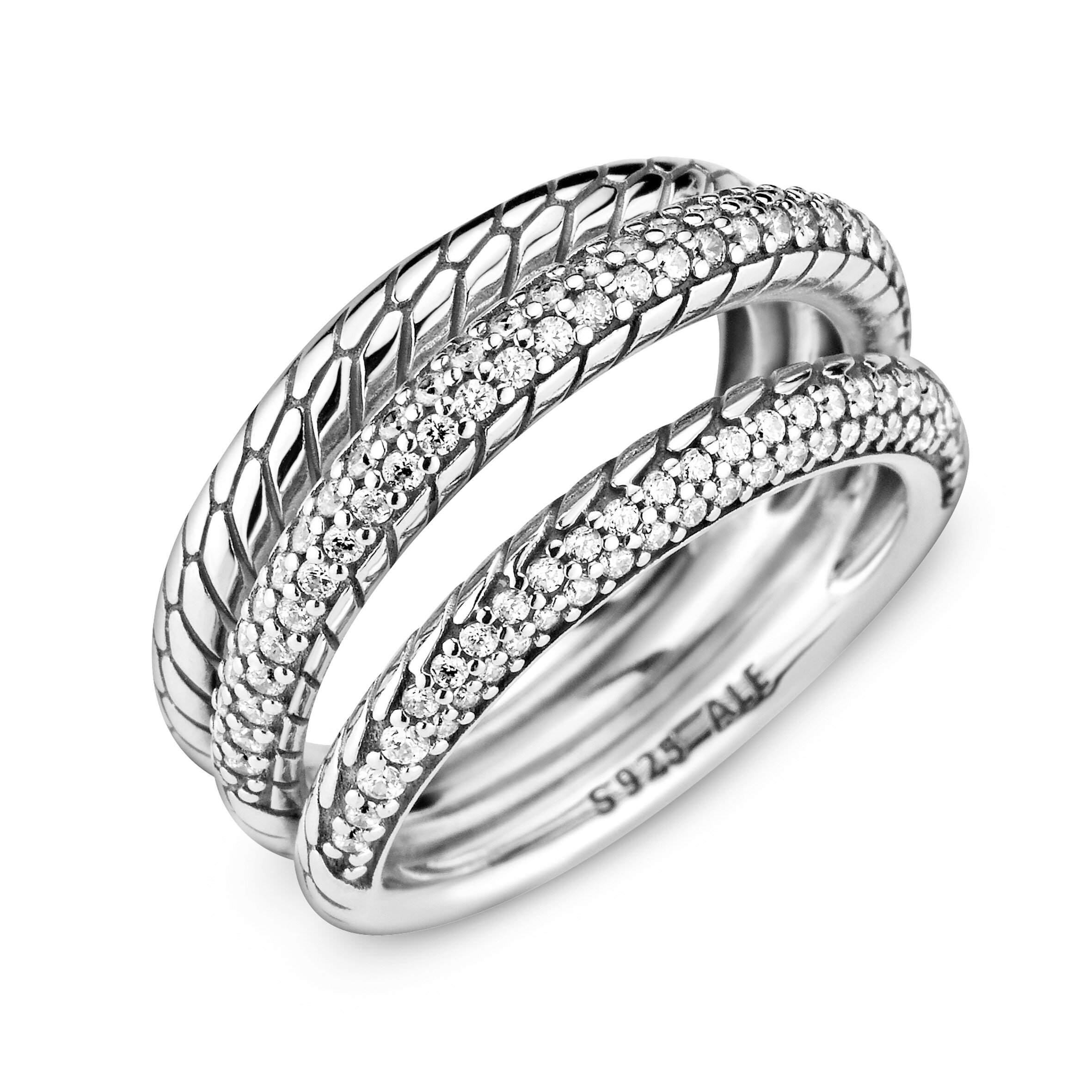 2021 Original Pandoras Triple Band Pavé Snake Chain Pattern Ring