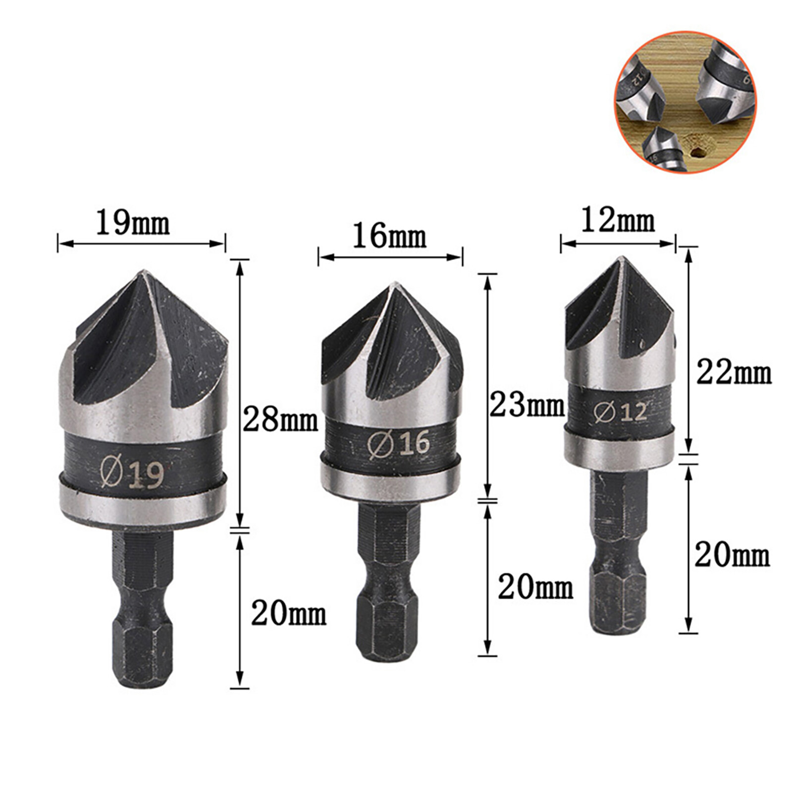 Farfi 3Pcs Drill Bits 90 Degree 1/4 Hexagonal Handle Carbon Steel Chamfer Wood Work Hole Drill Bit for Board Chamfer Drill Bit