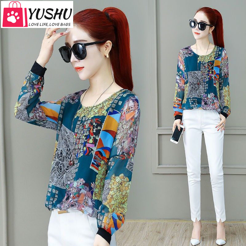 Yushu Fashion Flower Print Women Blouses Summer New Flare Long Sleeve Chiffon Blouse Tunic Top Female Casual Ladies Shirt