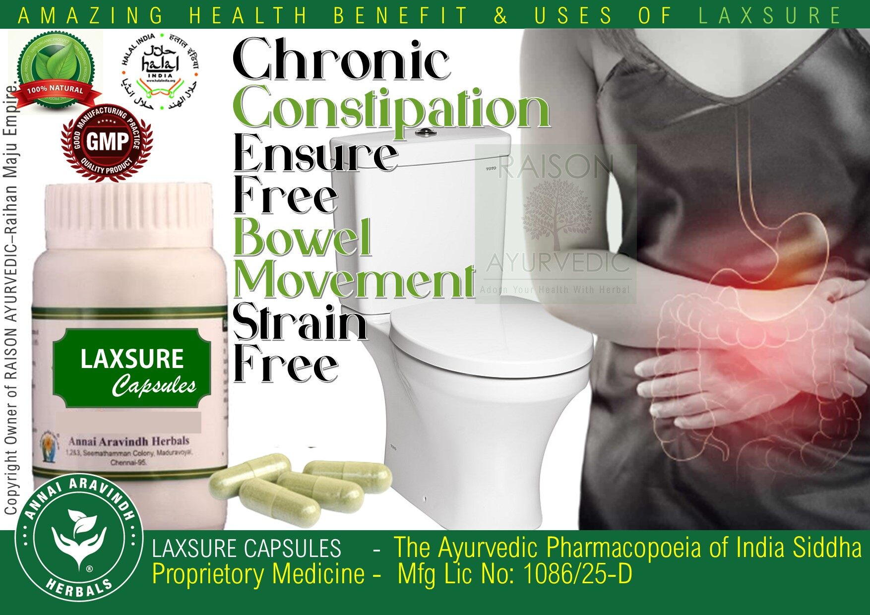 LAXSURE CAPSULES 30 Capsules “ ENSURE FREE BOWEL MOVEMENT , STRAIN