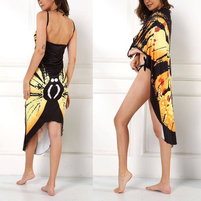 Women Swimsuit Cover Ups Boho Butterfly Wings Sexy V-Neck Summer Sleeveless  Shawl Wrap Robe Beach Tunic Sarong Dress 4XL