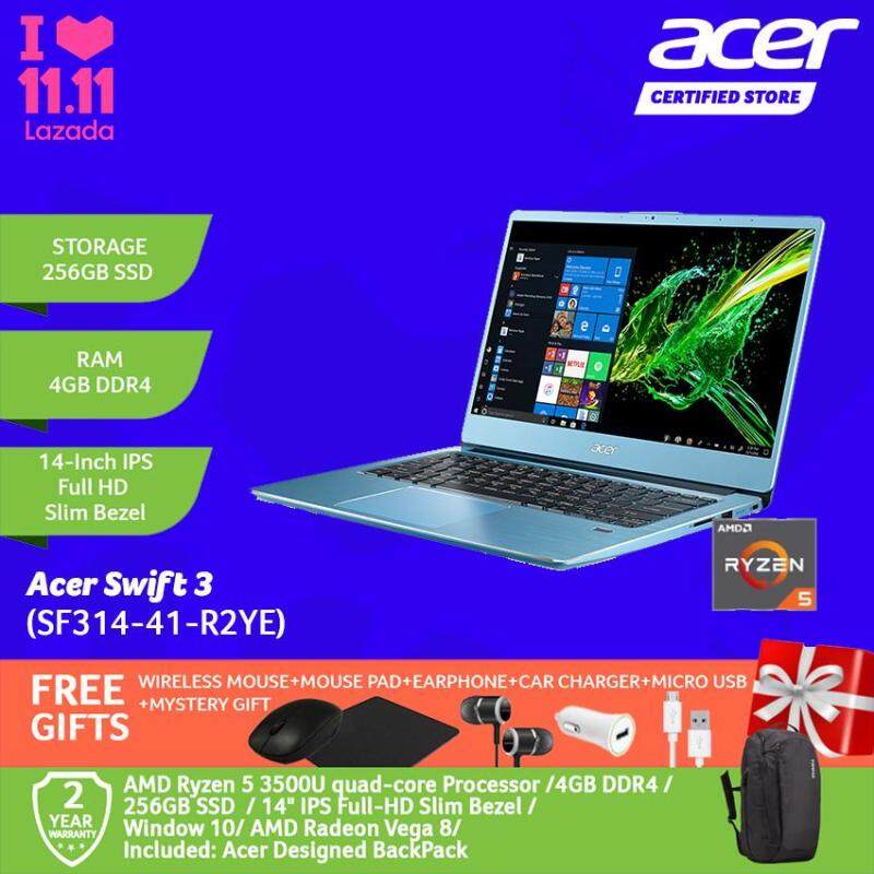 Acer Swift 3 SF314-41-R0CS/ SF314-41-R2YE Sparkly Silver/ Glacier Blue /AMD Ryzen 5 /4GB/256GB/AMD Vega 8 /WIN 10/14-Inch FHD+Free WIRELESS MOUSE+MOUSE PAD+EARPHONE+CAR CHARGER+MICRO USB+MYSTERY GIFT Malaysia
