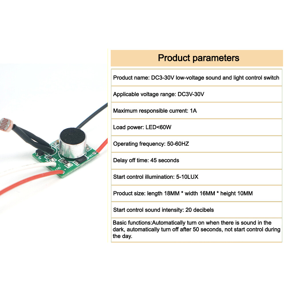 FocusAi DC 3V‑30V Sound Control Switch Module Solar Light Sensor Module Circuit Board Low Voltage Sound and Light Control Switch Module
