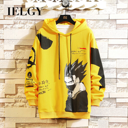 IELGY Men's hooded sweater, cartoon T-shirt, trendy hip-hop hooded printed sweater