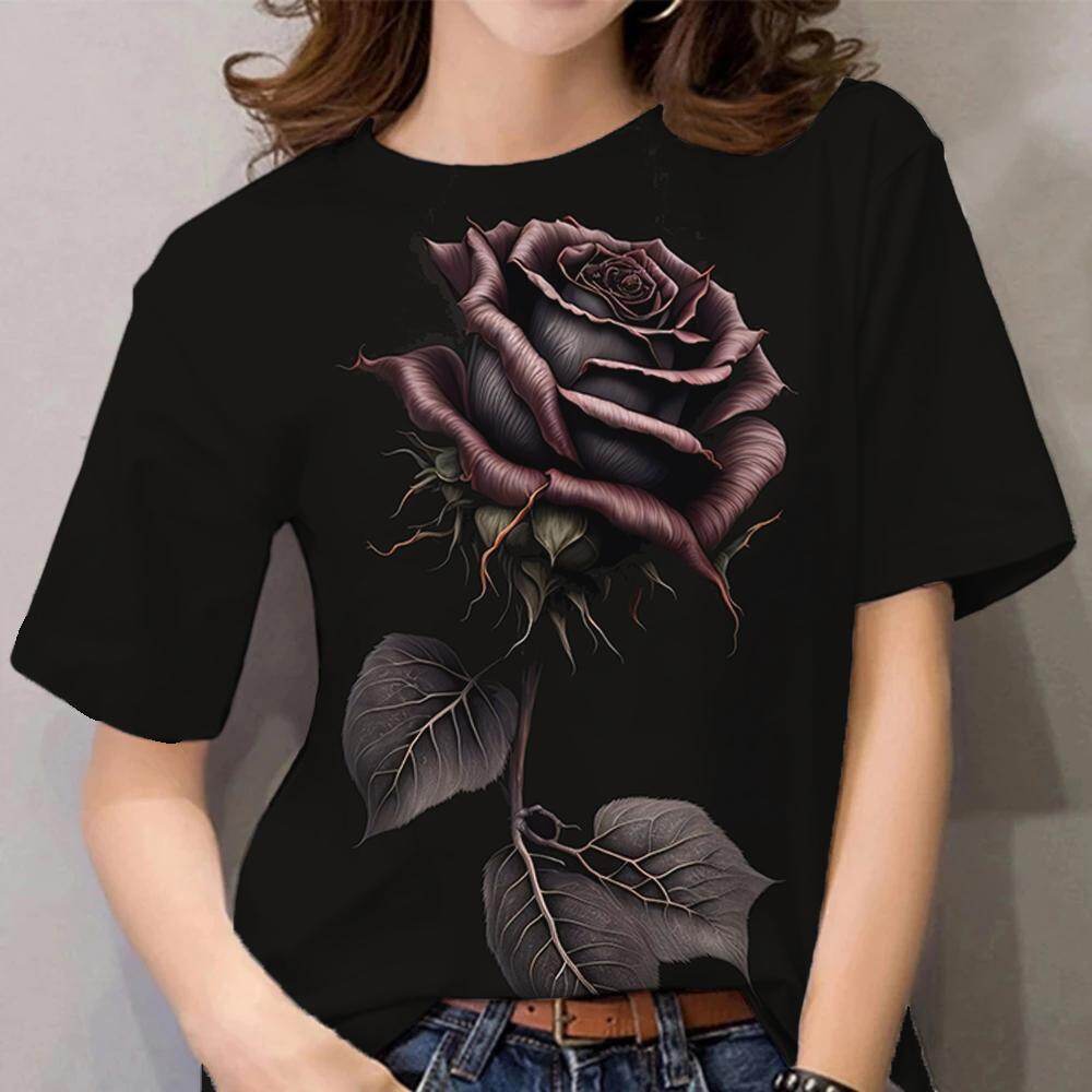 Floral Women's T-shirt Black Clothing For Girls Summer Casual Short Sleeve Simple Shirt Breathable Versatile T-shirt