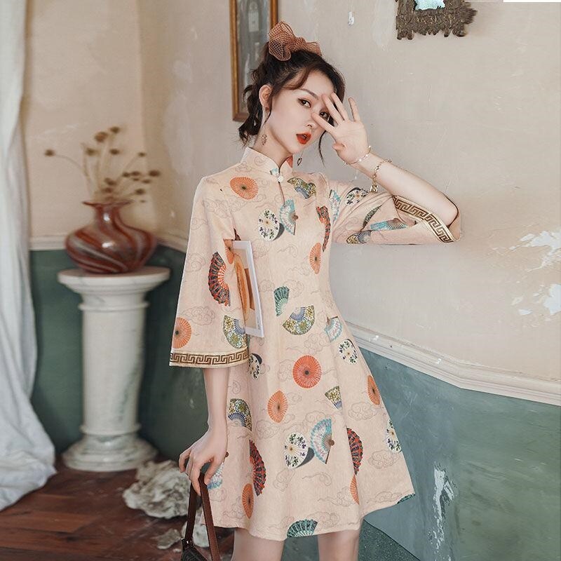 Down big sleeve robe modified spring summer a word skirt daily dress girl Chinese wind brief paragraph 7 minutes of sleeve young