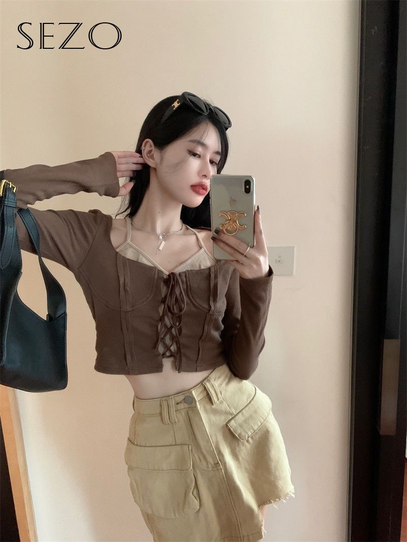 SEZO Áo Thun Nữ Dài Tay Cổ Ngắn Hàn Quốc