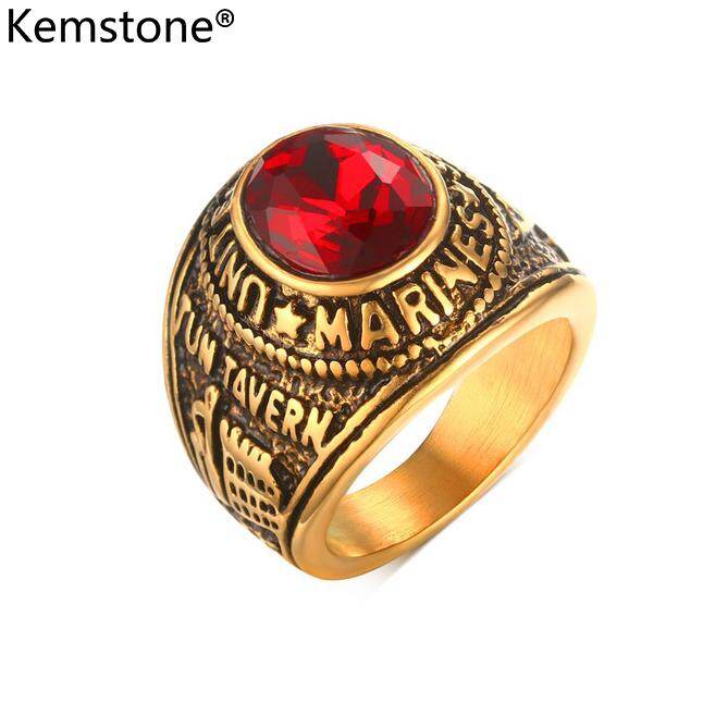 Kemstone Red Zircon Crystal Marine Corps Stainless Steel for Men's Rings
