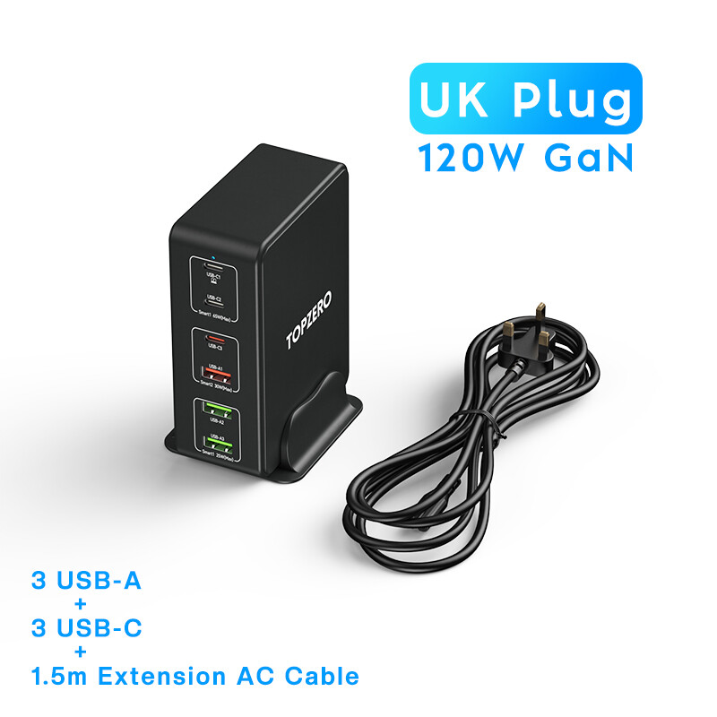 Topzero 120w usb charger 6 ports desktop charging station phone charger for iphone 14 pro max samsung 65w fast charger for laptop tablet