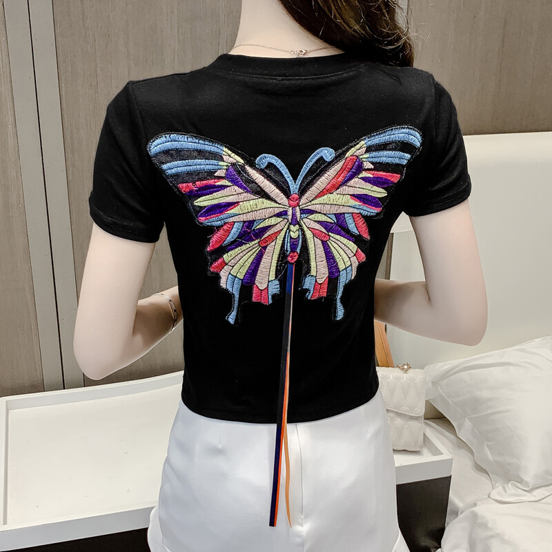 YIGE 2023 Summer New Slim Fit T-shirt Cotton Short Sleeve Butterfly Embroidery Top Female