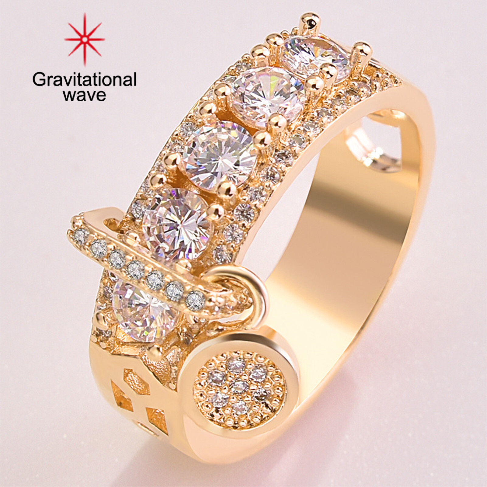 Gravitational wave Cubic Zirconia Women Ring Disc Pendant Alloy Hollow Wide Wedding Ring Fashion Jewelry