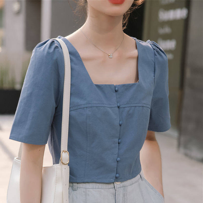 2021 New Women Blouse Solid Color Square Neck Short Sleeve Shirt Fairy Design Niche Summer New Thin French Croptop for Women