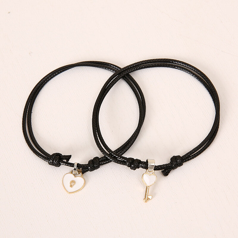 2pcs/1pair of Korean Heart Lovely Lock Handmade Charm Adjustable String Women Jewelry Lucky Heart Bracelet