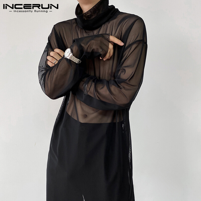 INCERUN Mens Sheer Mesh Long Sleeve T Shirt High Neck Loose See Through Tee Tops